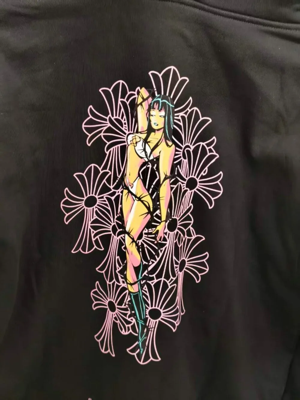 New Chrome Hearts Black Full Zip Hoodie Pink Cross Print Unisex